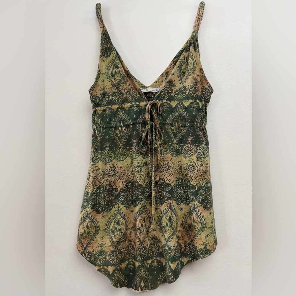 Zara Olive & Tan Asymmetrical Printed Tie-Front V-Neck Cami Top